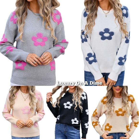 Daisy Raised Retro Contrasting Flower Pullover Long Sleeve Knit Sweater Shirt - Picture 7 of 8